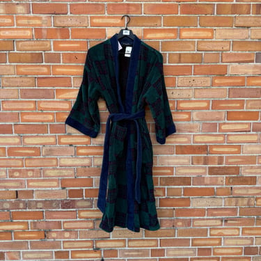 vintage 80s/90s green christian dior monsieur cotton terry cloth plaid robe / os one size 