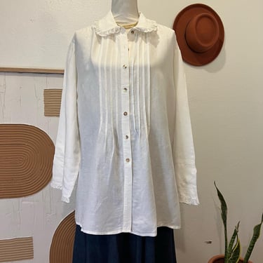 Vintage 90s Street Wear Carole Little Cream Linen Button Front Lace Collar Shirt 