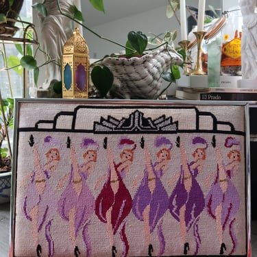 Vintage 1930s-1940s Framed Needlepoint Art – Showgirl Kickline Wall Décor