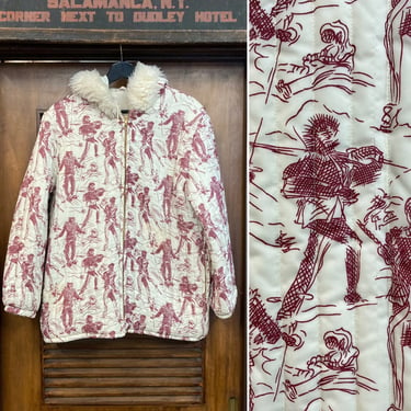 Vintage 1960’s Skier Pattern Mod Hooded Quilt Ski Jacket, 60’s Winter Coat, Vintage Clothing 