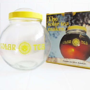 Vintage 70s Glass Sun Tea Jar with Lid and Original Box - Solar Brewed Ice Tea Yellow Sun Bubble Brewer - Terrarium Plant Holder 