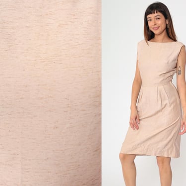 60s Cocktail Dress Blush Wiggle Dress 1960s Hourglass Sheath Mad Men Secretary Midi Pencil Boatneck Vintage High Waist Sleeveless Small 