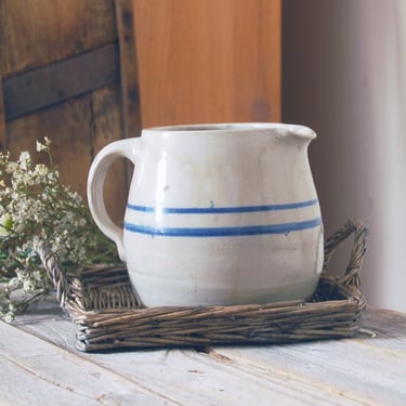 Antique stoneware pitcher with blue stripes /  handmade pitcher / vintage stoneware crock / farmhouse rustic primitive kitchen pottery 