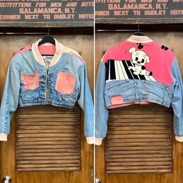Vintage 1980’s “Too Cute” Betty Boop Pudgy Dog Denim Patchwork Cropped Bomber Jacket, 80’s Jean Jacket, Vintage Clothing 