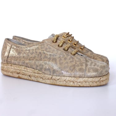 SALE - Vintage Timothy Hitsman Lace Up Low Wedge Espadrille Sneakers Metallic Leopard Print Shoes - Size 6 