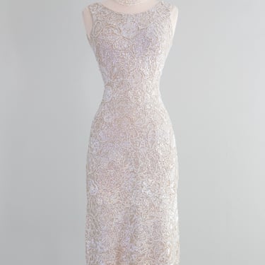 Spectacular 1950's Fully Beaded Knit Cocktail Dress In Iridescent Pearl / SM