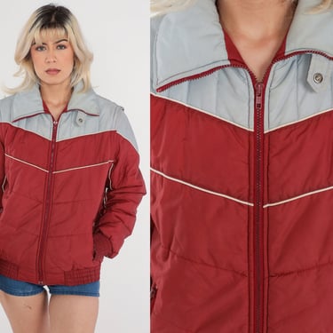 Dark Red Puffer Jacket 70s 80s Ski Jacket Retro Convertible Zip Off Sleeve Vest Puffy Coat Color Block 1980s Grey Puff Zip Up Medium Large 