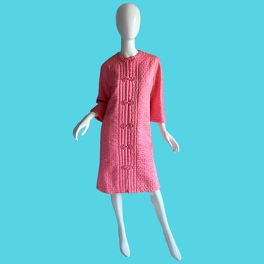 60s Dynasty Brocade Pink Dress / Vintage I Magnin Metallic Caftan / 1960s Silk Quilted Dress Small Medium 