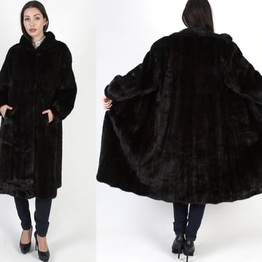 Mid Length Mink Coat Mahogany / Mahogany Black Mink Fur Jacket With Pockets / Vintage 70s Long Real Fur Luxurious Overcoat Large L 