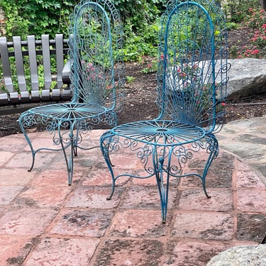 Pair of Vintage Hollywood Regency Iron Wirework Peacock Garden Chairs 