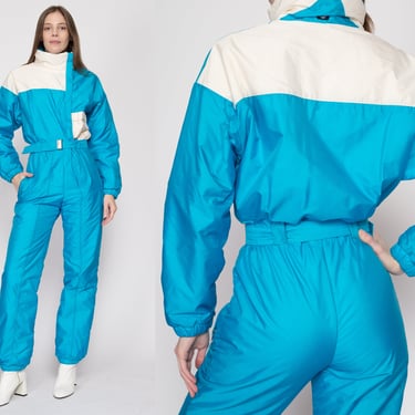 Sm-Med 80s Blue & White Color Block Belted Ski Suit | Vintage Winter Outerwear Jumpsuit One Piece Snow Gear 
