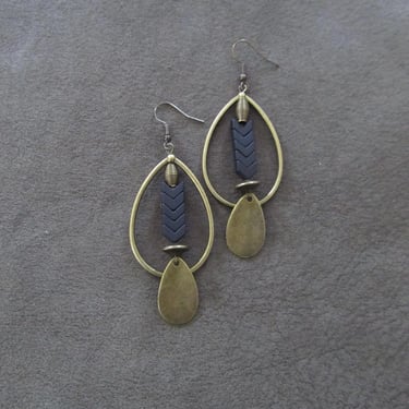 Bronze and hematite tear drop hoop earrings, black 