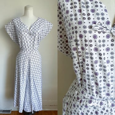 Vintage 1940s Snowflake / Floral Print Cotton Dress / XL 