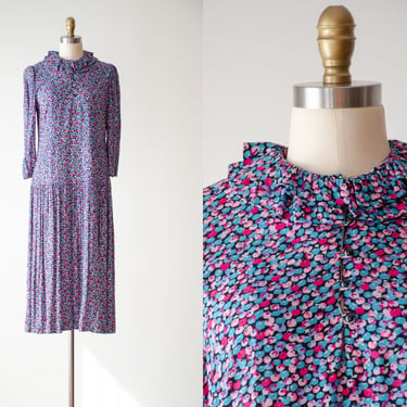cute cottagecore dress | 80s vintage Jane Schaffhausen blueberry patterned high ruffled collar oversized long sleeve midi dress 