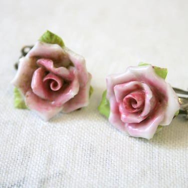 1940s Occupied Japan Porcelain Rose Clip Earrings 