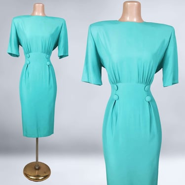 VINTAGE 80s Turquoise Office Power Dress by Hearts Sz 6 | 1980s Sexy Classy Wiggle Bombshell Dress | Bold Shoulders | VFG 
