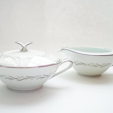 MCM Minimalist white china covered sugar bowl & creamer set. Noritake Almont porcelain w/ platinum trim and simple contemporary grey design. 