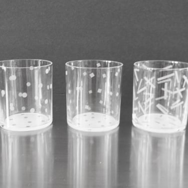 Vintage Set of 3 Prisma Memphis Style 80s Whiskey Glasses, Retro Minimalist Geometric Print Tumblers, Japanese Design 80s Barware 