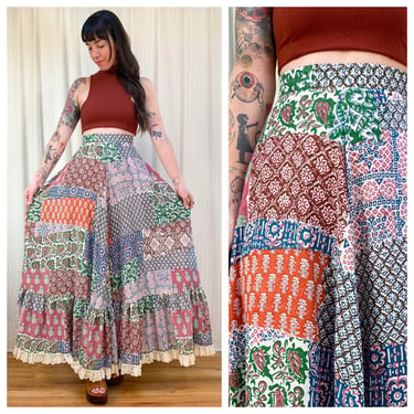 70s full circle woven cotton patterned skirt 