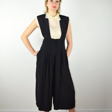 Vintage 90s Y2K Jumpsuit / Pinafore Palazzo Wide Cropped Pants / 1990s Black Jumpsuit / Sleeveless Suspenders / XS Small / Hollywood Waist 