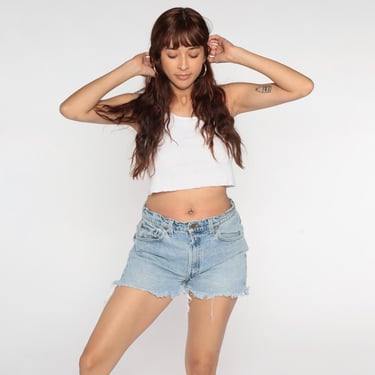 Vintage Levis 505 Cutoff Shorts 90s Denim Cut Offs Retro Jean Shorts Blue Frayed High Rise Waist Summer Festival 1990s Men's 33 Medium 