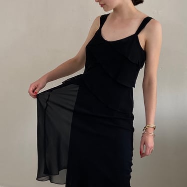 90s silk chiffon tiered dress / vintage black sheer silk chiffon overlay ruffle midi slip dress LBD | Small 
