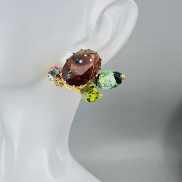 Kramer Austria Earrings Art Glass Rootbeer Greens Clip on 