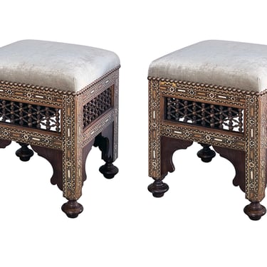 Pair of Moroccan Carved and Inlaid Square Upholstered Stools