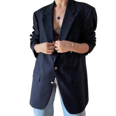 Vintage 1990s Burberry Navy Blue 100% Wool Oversized Preppy Sport Coat Blazer 