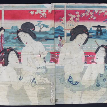 Antique original Onsen Japan woodblock print woman bathing 1860 Kunisada craft 