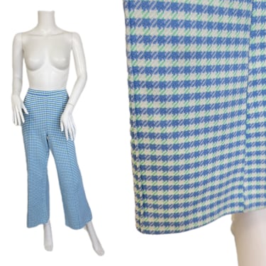 1970's Blue Green Check Poly Pants I Sz Lrg I W: 34