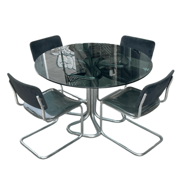 Set of 4 Black Velvet Cesca Chairs and Italian Giotto Stoppino Smoked Glass and Chrome Round Glass Table, 1970 (Table and Chairs Sold Separately)
