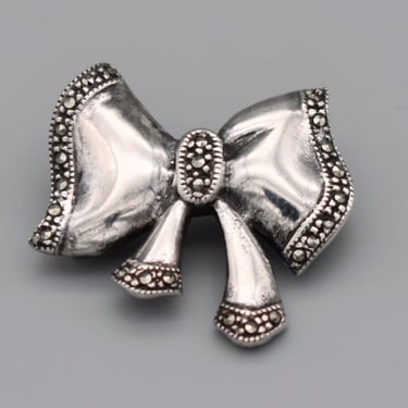 60s 925 silver marcasite puffy bow brooch, dimensional sterling pyrite asymmetrical ribbon pin 