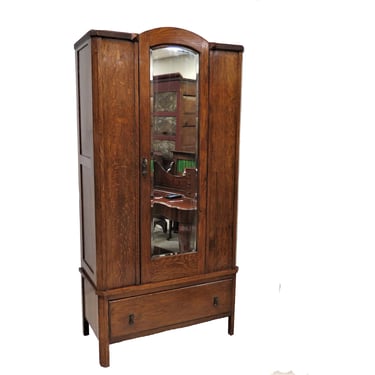 Wardrobe Closet | Vintage English Oak Wardrobe With Beveled Mirror And Bottom Drawer 