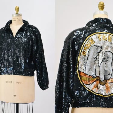 Vintage Sequin Jacket by Modi Seal Save The Earth Day Sustainable Fashion // 80s Glam Vintage Black Sequin Jacket Animal Lover Jacket 