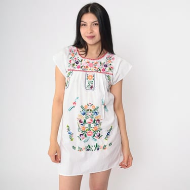 Vintage Floral Mexican Dress Embroidered White Mini Dress Boho Cotton Tunic Hippie Bohemian 2xs xxs 