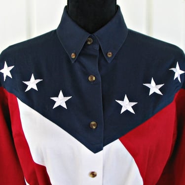 Crazy Cowgirl Vintage Retro Western Women's Cowgirl Shirt, Western Blouse, Patriotic Red White & Blue, Tag Size Large (see meas. photo) 