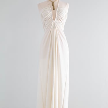 Sexy 1970's Ivory Halter Dress With Plunging Neckline / SM