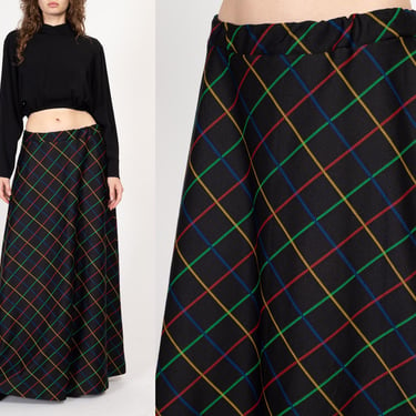 Large 70s Black Primary Color Windowpane Plaid Maxi Skirt | Vintage High Waisted A Line Long Skirt 