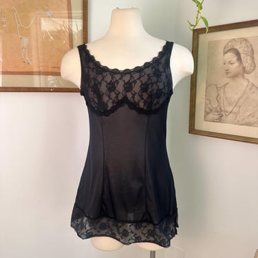 Vintage Black Lace Slip – Sheer Floral Lace Lingerie Dress – 1980s Romantic Feminine Nightwear 