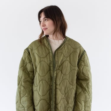 Vintage Green Liner Jacket | Unisex Wavy Quilted Nylon Coat | XL | LI270 