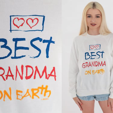 Best Grandma Shirt 90s Sweatshirt ON Earth Heart Graphic Sweatshirt Retro Granny Slouchy Sweater Raglan Sleeve White Vintage 1990s Small S 