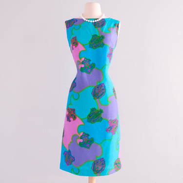 Rad 1960's Turquoise Psychedelic Print Shift Dress / Sz M