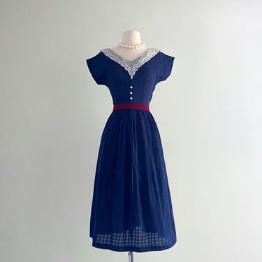 1950's French Girl Chic Navy Cotton Sundress / Sz s