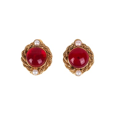 Chanel Vintage 1970s Dainty Golden Framed Red Gripoix Earrings