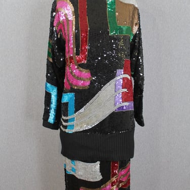 1980s 80s Sequin Party Dress - Abstract - Beaded Cocktail Dress - Formal Wear, Black Tie, Evening Dress - Cocktail Party 