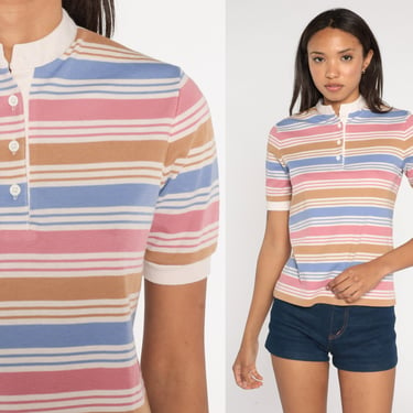 80s Striped Shirt -- Henley Button Up Shirt Pink Blue Tan Shirt Retro Tee Vintage Preppy Short Sleeve Small S 
