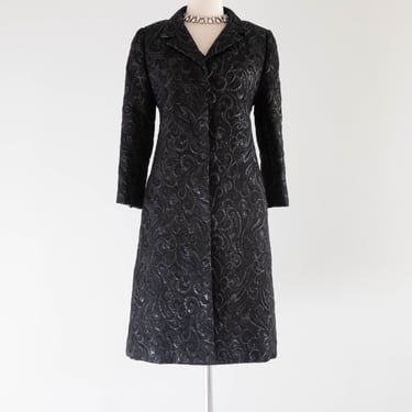 Elegant 1960's Liquid Black Brocade Cocktail Dress & Coat Set By Gustave Tassell / Medium