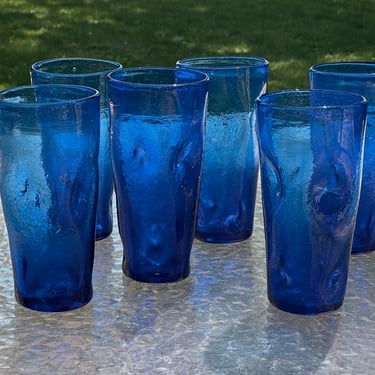 Set Six Pilgrim Pinch Glass Cobalt Blue Glass Tall Tumblers Ice Tea 