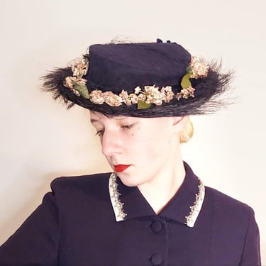 50s Navy Blue Straw Flat Top Hat Black Horse Hair Quills  and  Cream Flowers Shabby Chic 